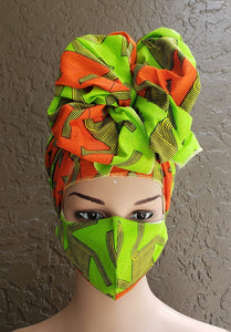 Green Orange & Yellow Abstract African Print Face Mask and Head Wrap Set