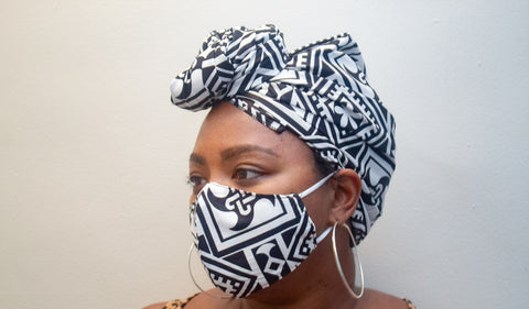 Black & White Geo African Print Face Mask & Head Wrap Set