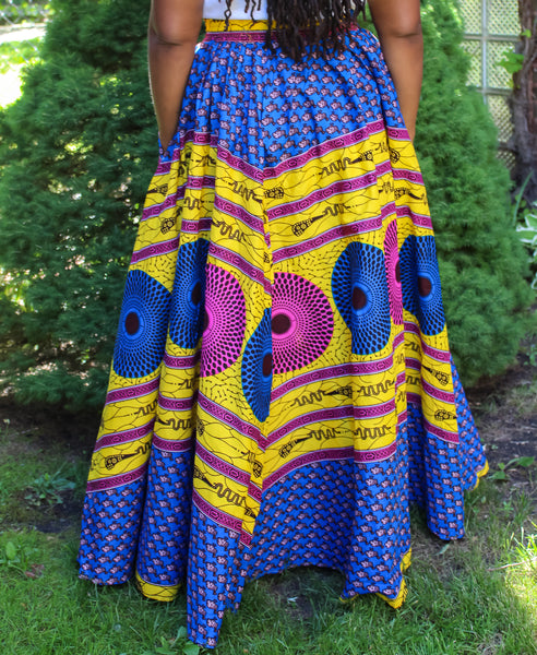 Blue, Pink & Yellow Circle Print Maxi Skirt