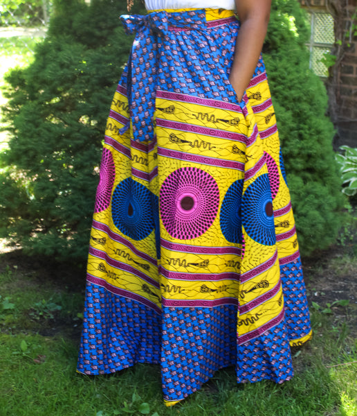 Blue, Pink & Yellow Circle Print Maxi Skirt