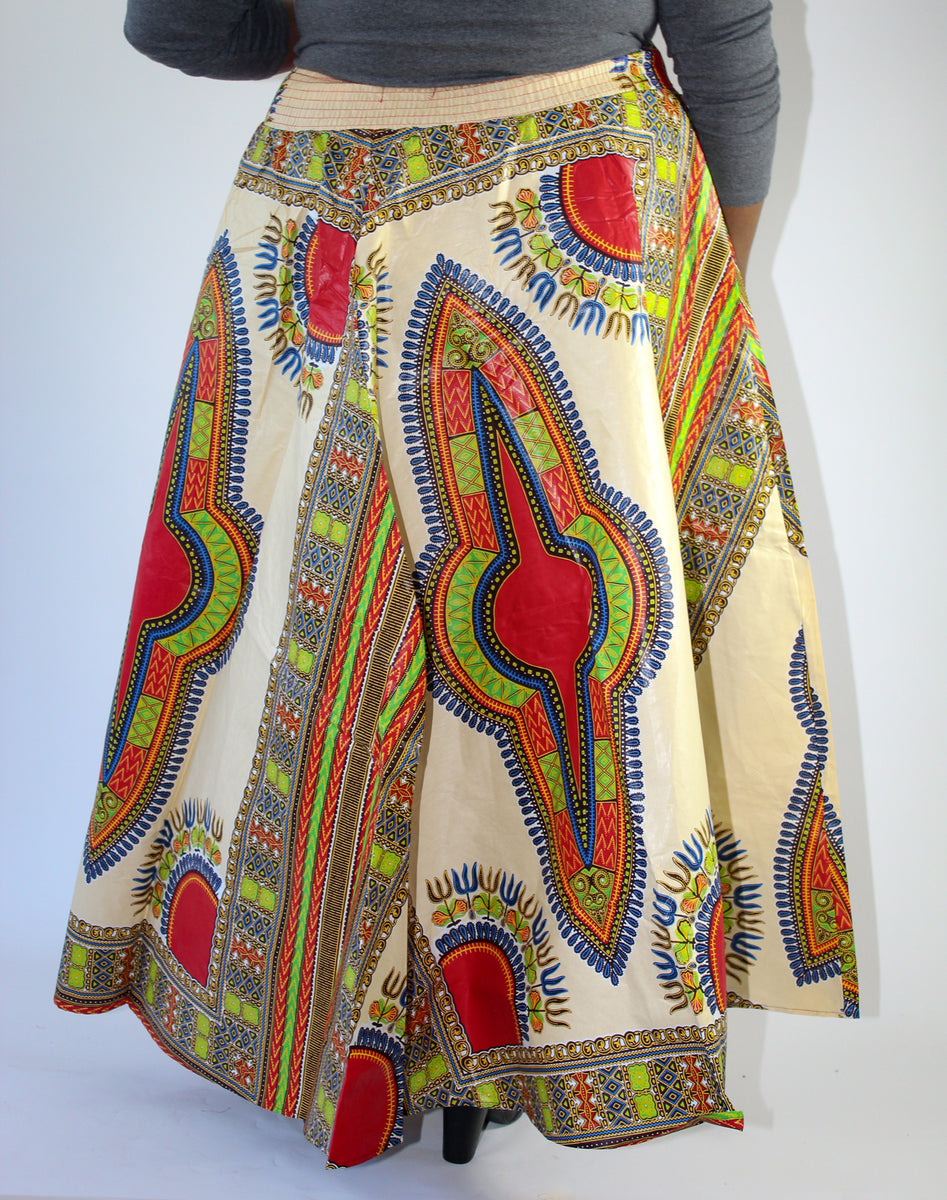 Ivory Red Dashiki Print Maxi Skirt