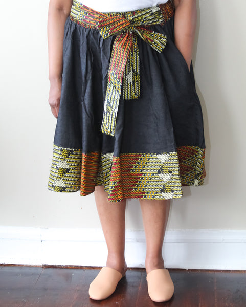 Black Denim Ankara Trim Skirt