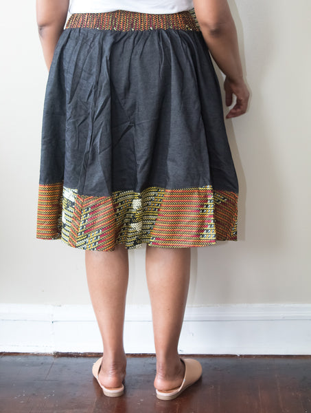 Black Denim Ankara Trim Skirt