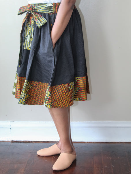 Black Denim Ankara Trim Skirt