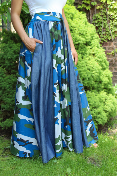 Blue Camo & Denim Maxi Skirt