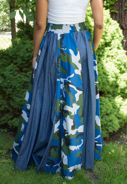 Blue Camo & Denim Maxi Skirt