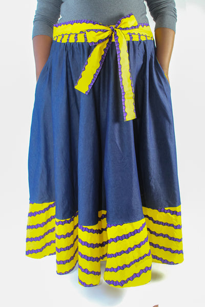 Denim, Purple & Yellow Ankara Trim Skirt