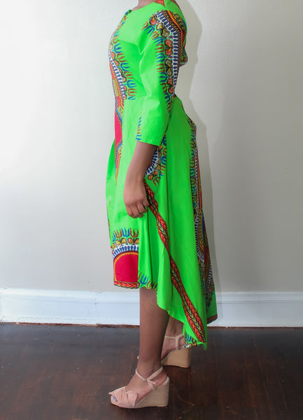 Lime Dashiki Print High Low Dress