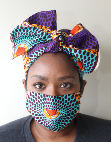 Mask & Head Wrap Set, Teal & Purple