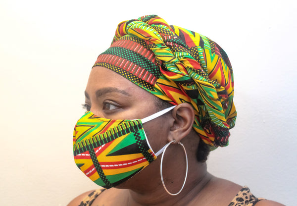 Green, Black & Red African Print Face Mask & Head Wrap Set