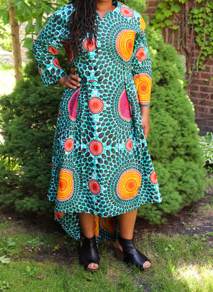 Teal Circle Print High Low Dress