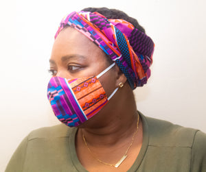 Purple & Orange African Print Face Mask & Head Wrap Set