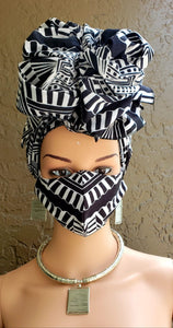 Black & White African Print Face Mask and Head Wrap Set