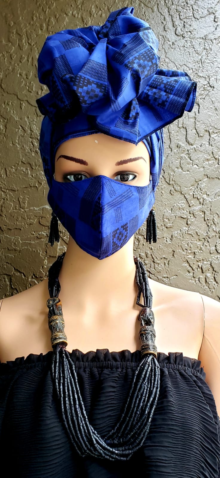 Black & Blue Kente Face Mask and Head Wrap Set