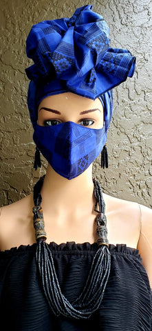 Black & Blue Kente Face Mask and Head Wrap Set