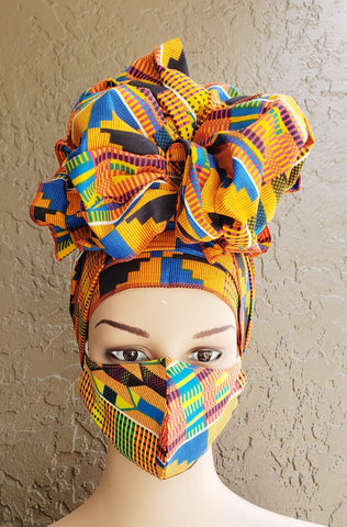 Classic Kente Face Mask and Head Wrap Set