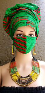 Green & Red Stripes African Print Face Mask and Head Wrap Set