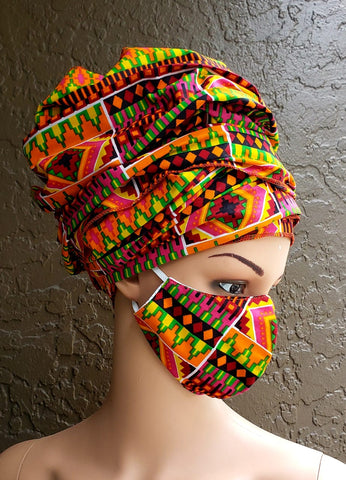 Multi Colored African Print Face Mask and Head Wrap Set