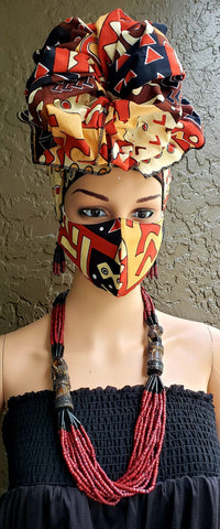 Orange, Black & Brown African Print Face Mask and Head Wrap Set