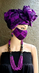 Black & Purple Kente Face Mask and Head Wrap Set