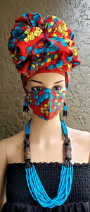 Red Yellow & Blue Cubes African Print Face Mask and Head Wrap Set