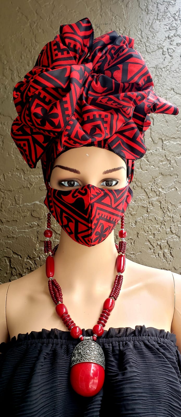 Red & Black African Print Face Mask and Head Wrap Set