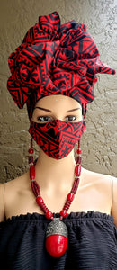 Red & Black African Print Face Mask and Head Wrap Set