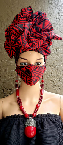 Red & Black African Print Face Mask and Head Wrap Set