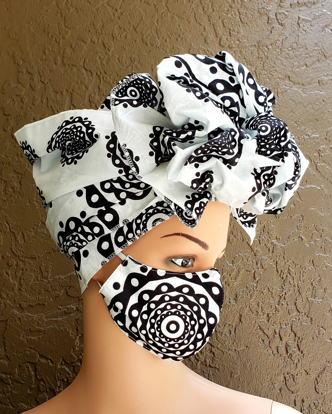Black & White Rings African Print Face Mask and Head Wrap Set