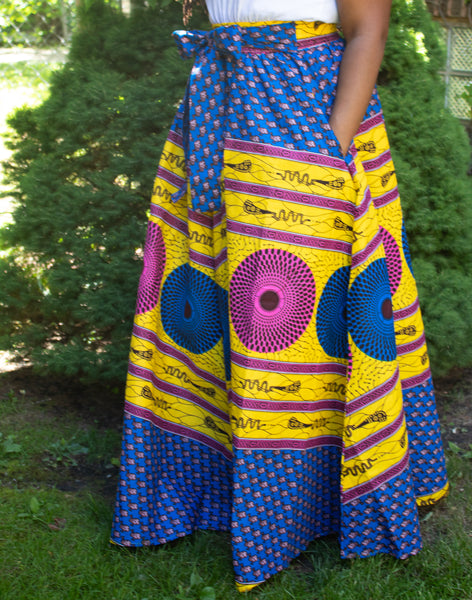 Blue, Pink & Yellow Circle Print Maxi Skirt