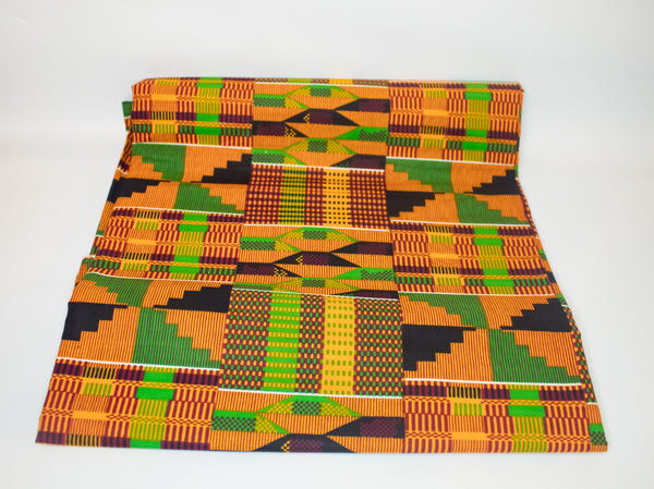 Classic Kente Print Fabric (Orange, Green, Black)