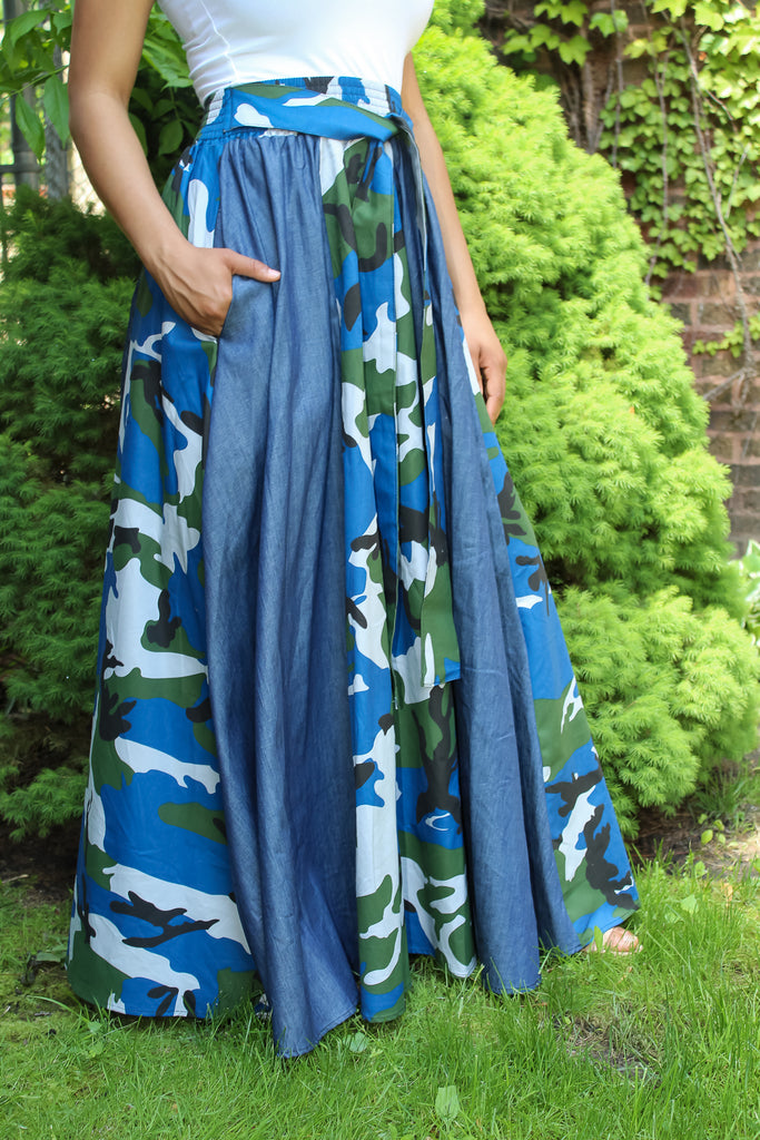 Blue Camo Denim Maxi Skirt
