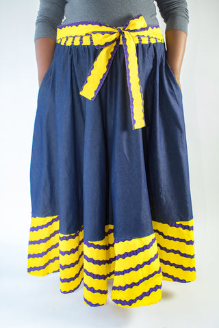 Denim, Purple & Yellow Ankara Trim Skirt