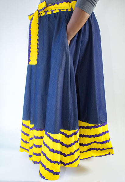 Denim, Purple & Yellow Ankara Trim Skirt