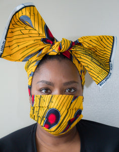 Ankara Print Gold, Red, Navy Mask with matching head wrap