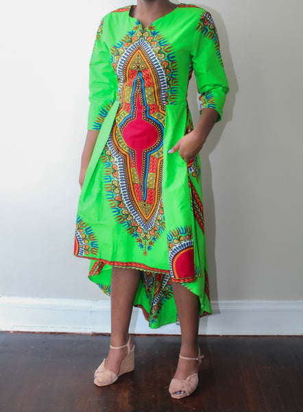 Lime Dashiki Print High Low Dress