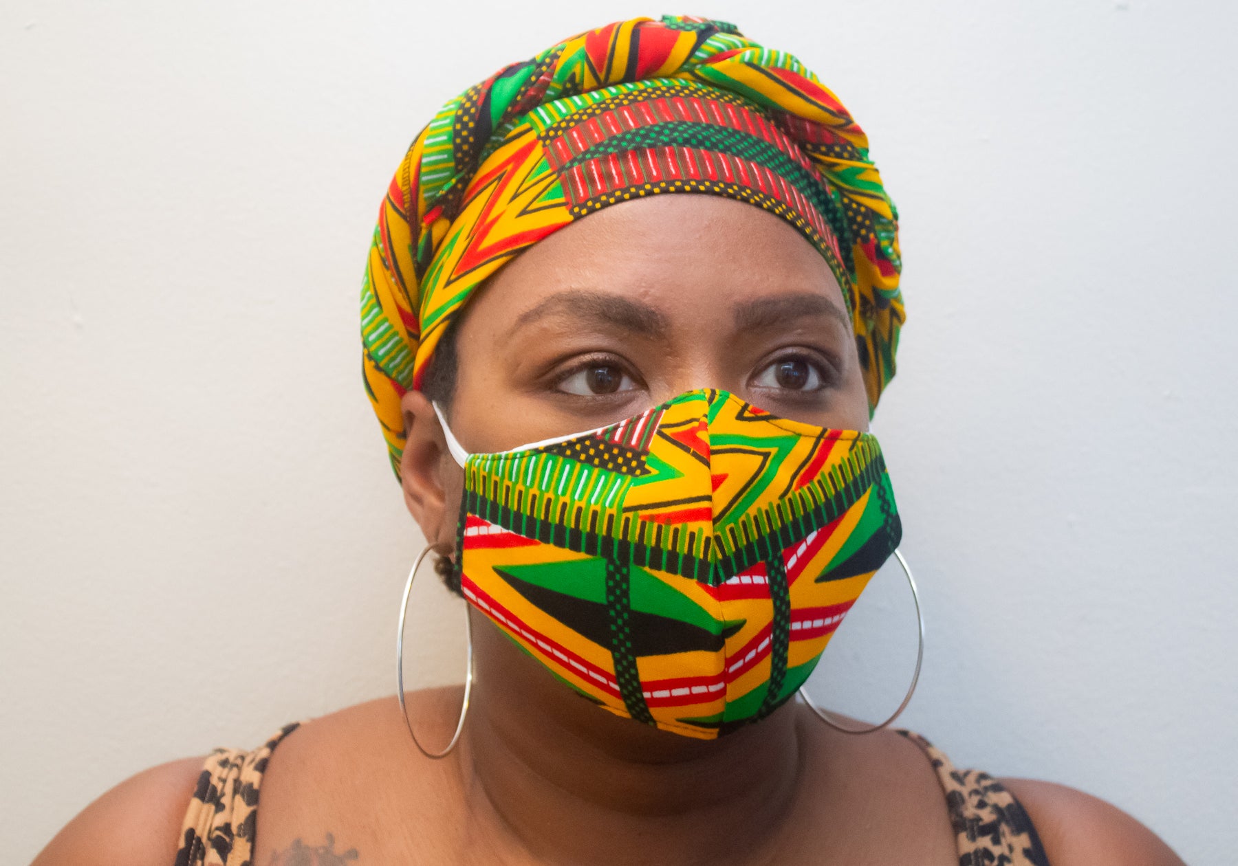 Green, Black & Red African Print Face Mask & Head Wrap Set