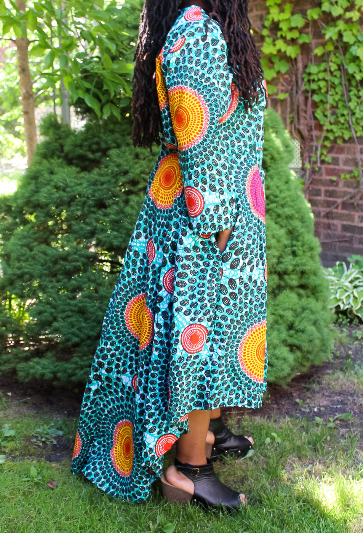 Red & Teal Circle Print High Low Dress