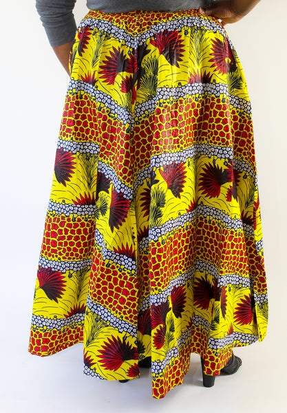 Yellow & Red Fan Print Maxi Skirt